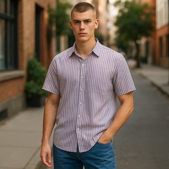 Old Navy Mens Shirt Size L Everyday Short Sleeved Red White Blue Striped NEW - Picture 2 of 6